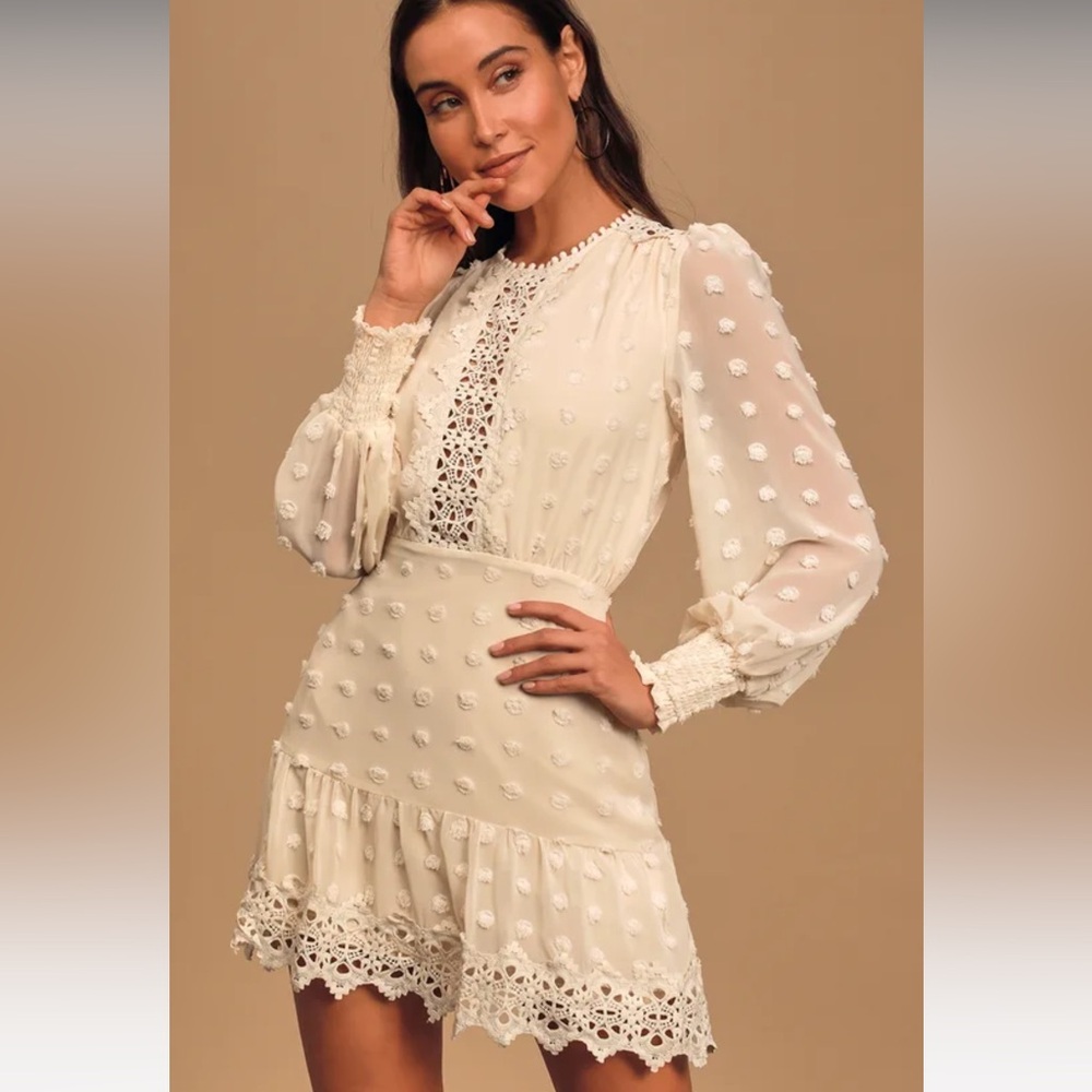 Lulus Lust or Love Cream Embroidered Lace Long Sleeve Dress, Size Medium